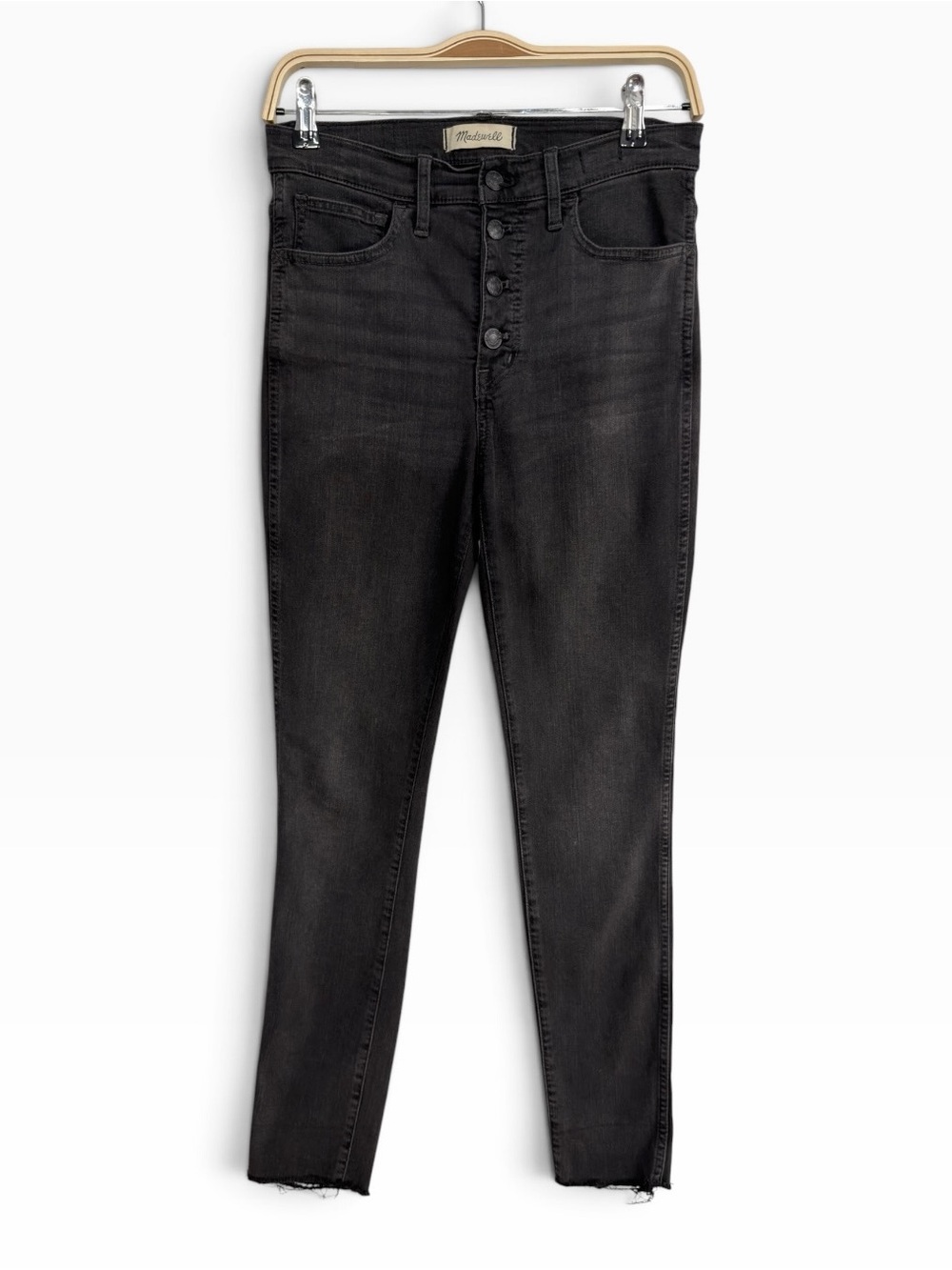 Madewell Black High Rise Skinny Jeans Button Fly Raw Hem Faded Wash Womens 26